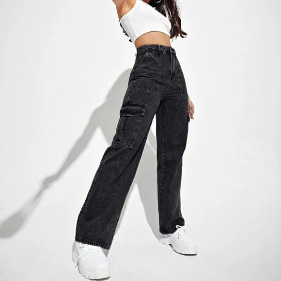 Black Casual Womens High Waist Flap Pocket Side Cargo Jeans - Picture 1 of 5